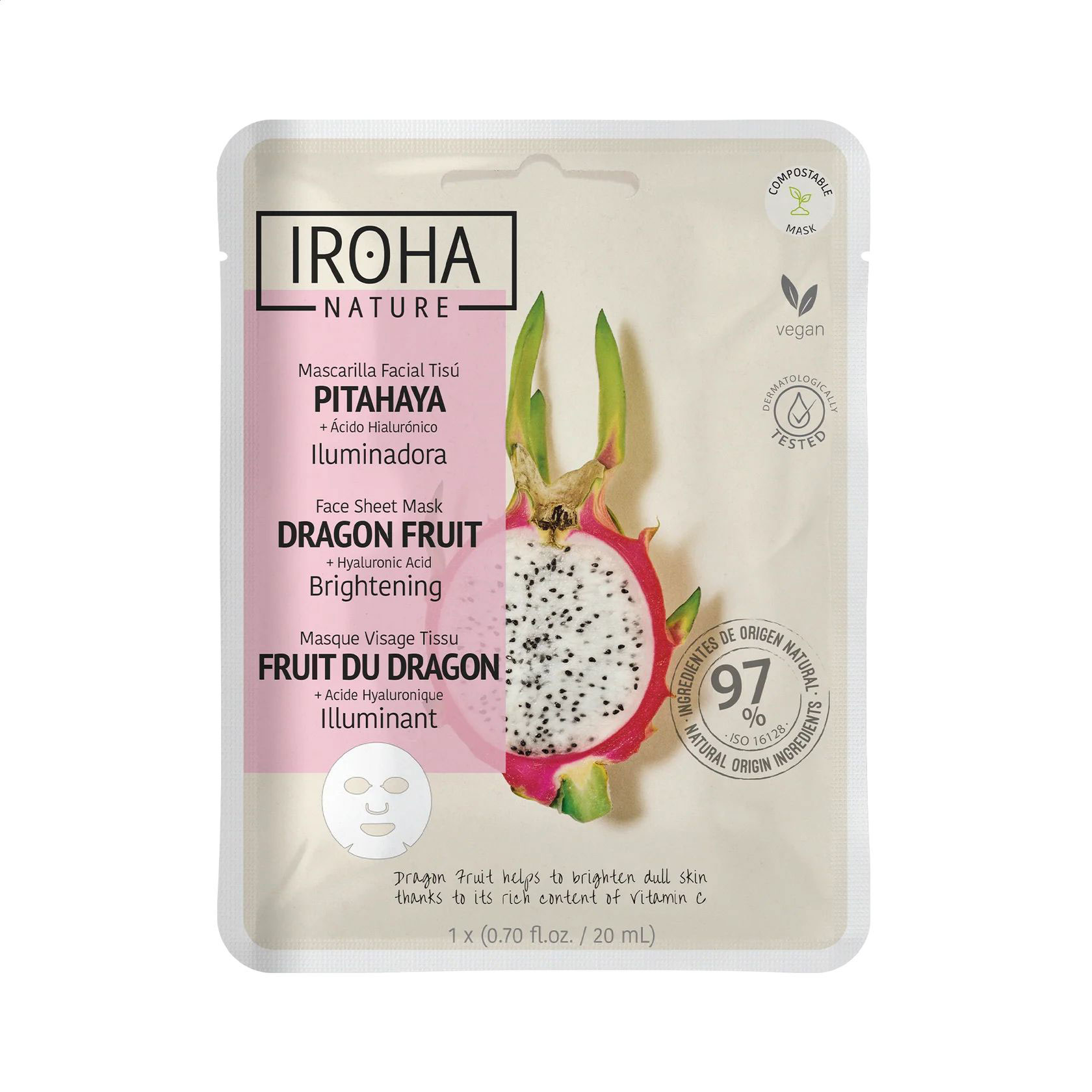 Тканинна маска для обличчя Iroha Nature Brightening Dragon Fruit + Hyaluronic Acid Sheet Mask, 20 мл