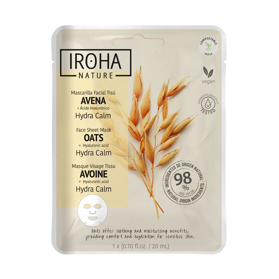 Тканинна маска для обличчя Iroha Nature Hydra Calm Oats + Hyaluronic Acid Sheet Mask, 20 мл