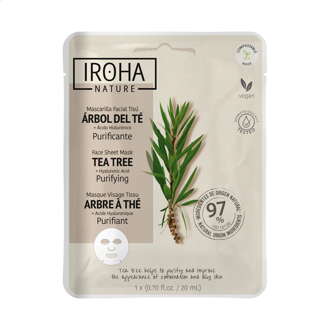 Тканинна маска для обличчя Iroha Nature Purifying Tea Tree + Hyaluronic Acid Sheet Mask, 20 мл
